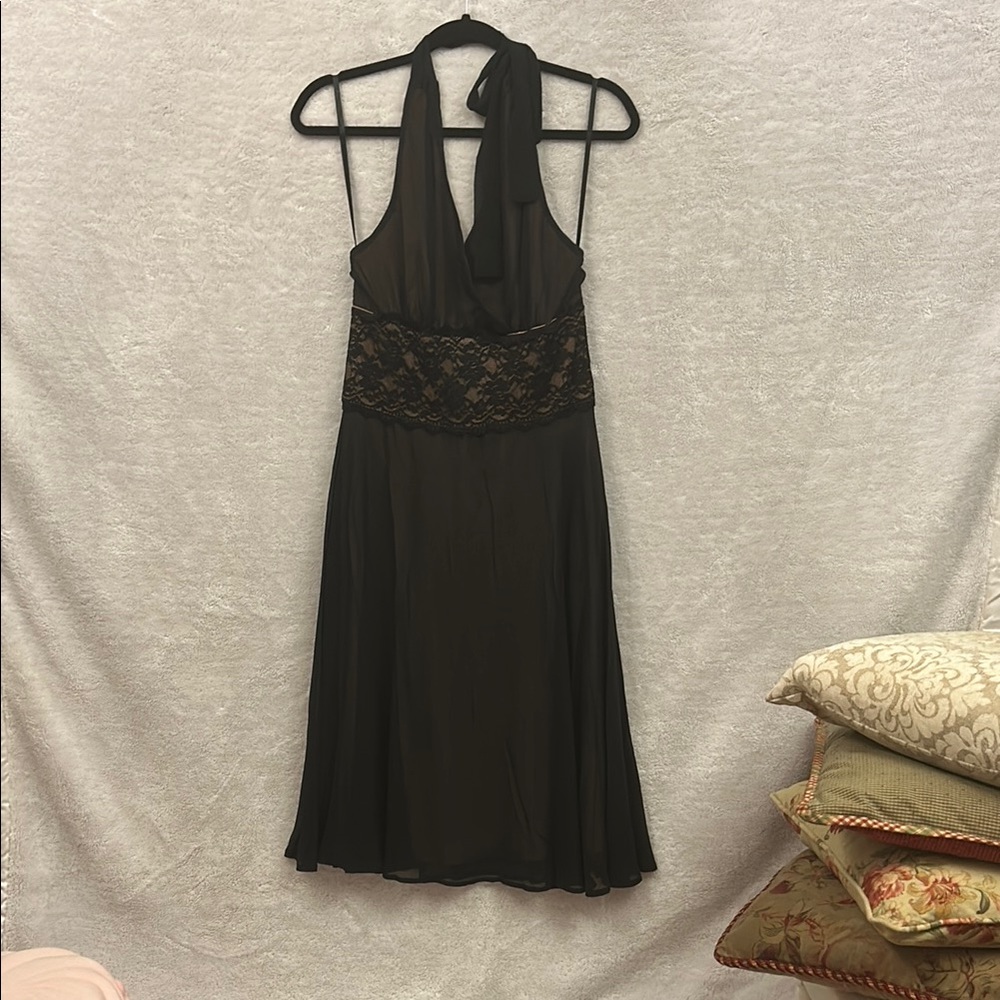 Connected Apparel Black Flowy Halter Cocktail Dress